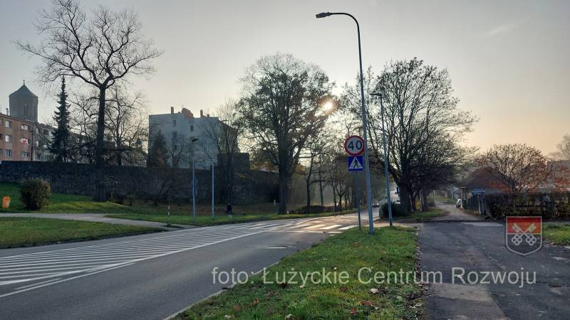 Widok na drogę miejską i chodnik z pasem zieleni. W tle lampy uliczne, zabudowania miejskie i drzewa.